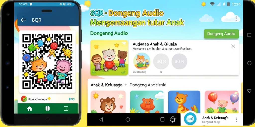 Antarmuka aplikasi 8QR dengan pilihan dongeng audio.