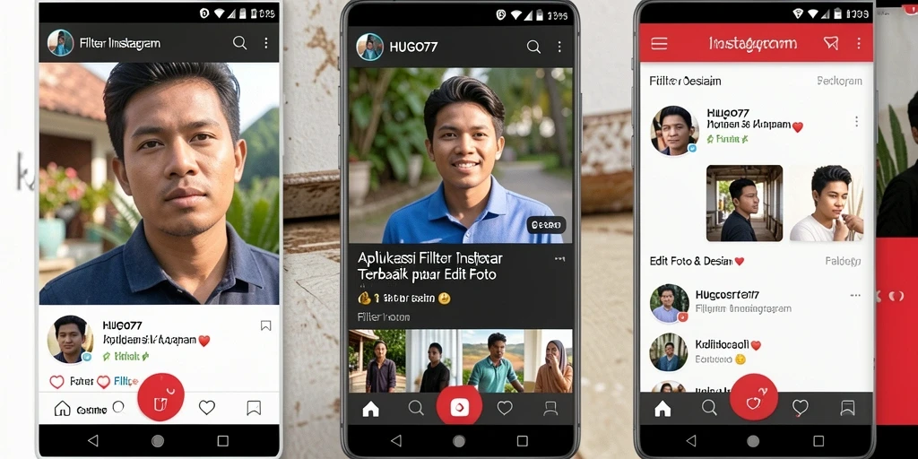 Antarmuka HUGO77 dengan filter Instagram yang menarik dan fungsi edit foto.