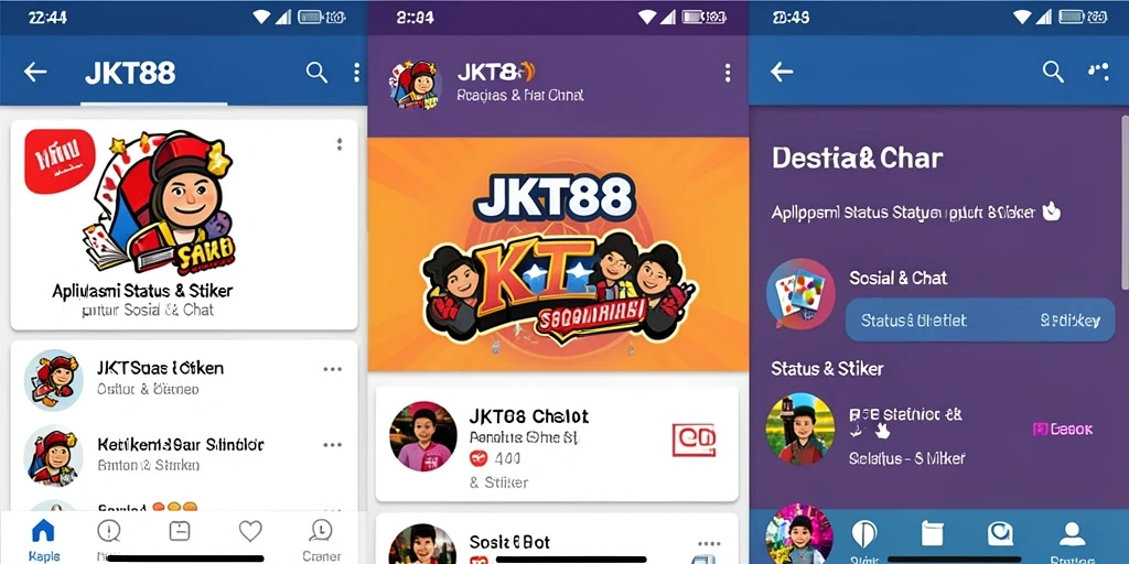 Antarmuka JKT88 menampilkan berbagai pilihan stiker dan status yang menarik.