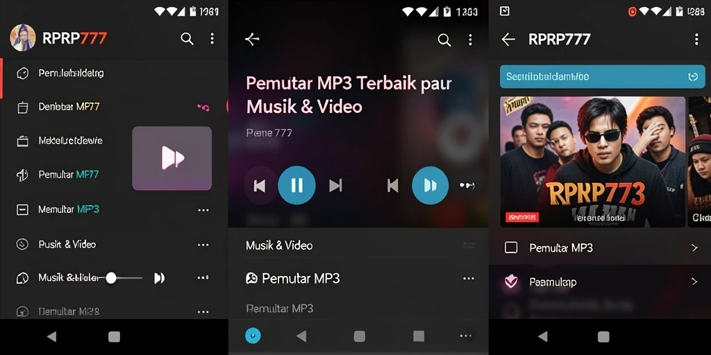 Antarmuka modern aplikasi Pemutar MP3 RPRP777 untuk pengalaman mendengarkan optimal.